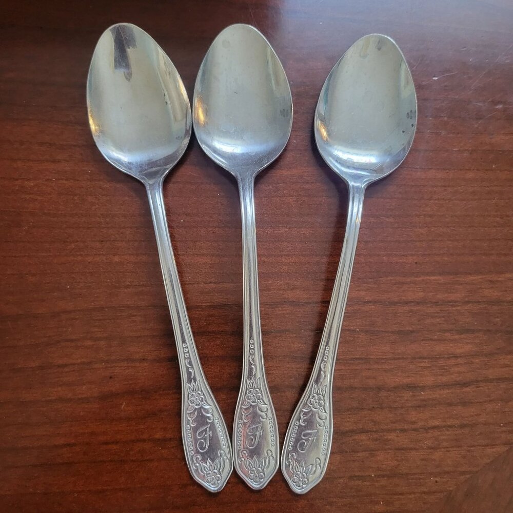 Set Of 3 Custom Craft Stainless Steel Spoons Floral Engraved Handle Japan Vintag